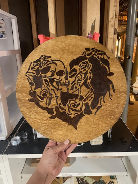 Day of the Dead art, wood burning